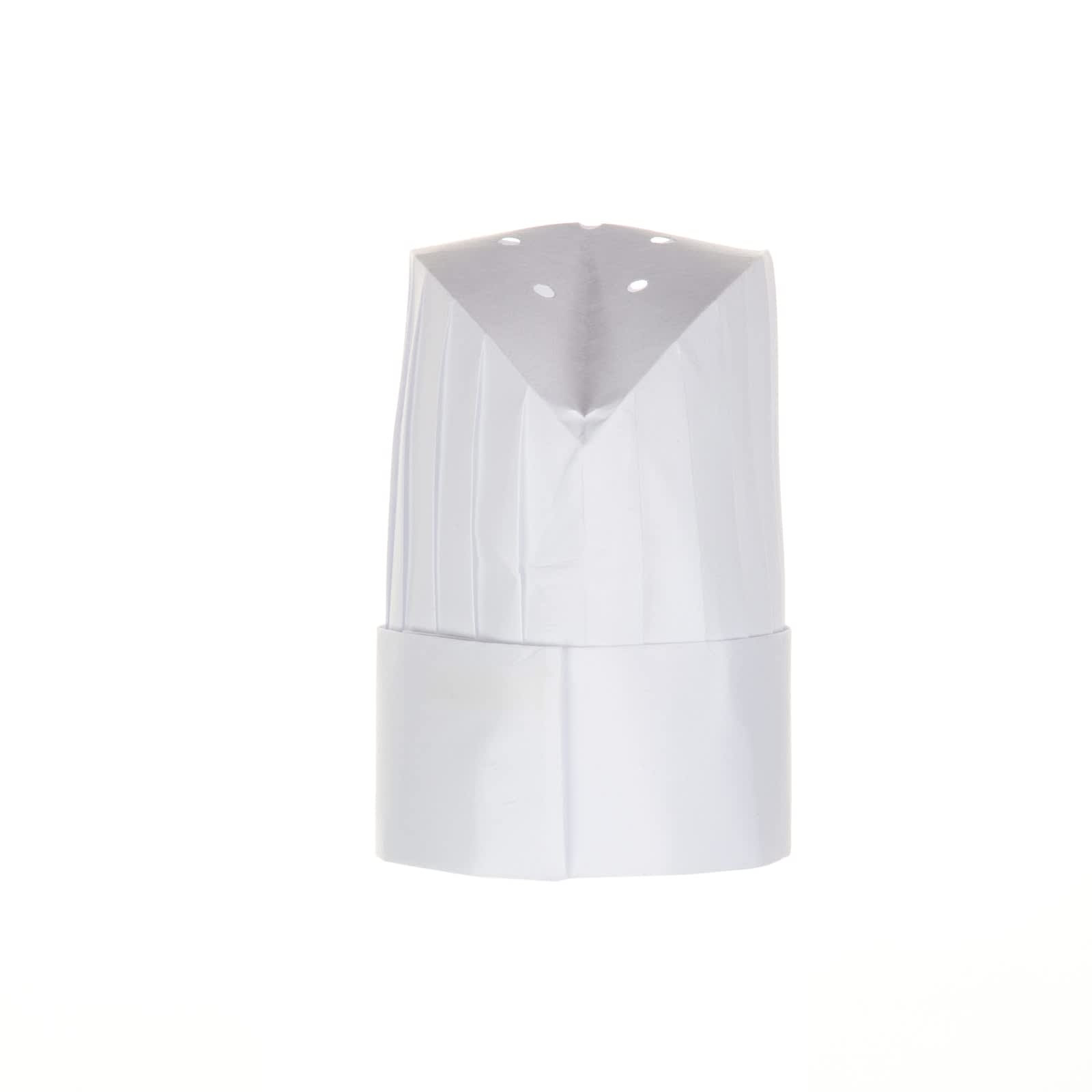 A white chef's hat with a pleated design, featuring ventilation holes and a solid base.