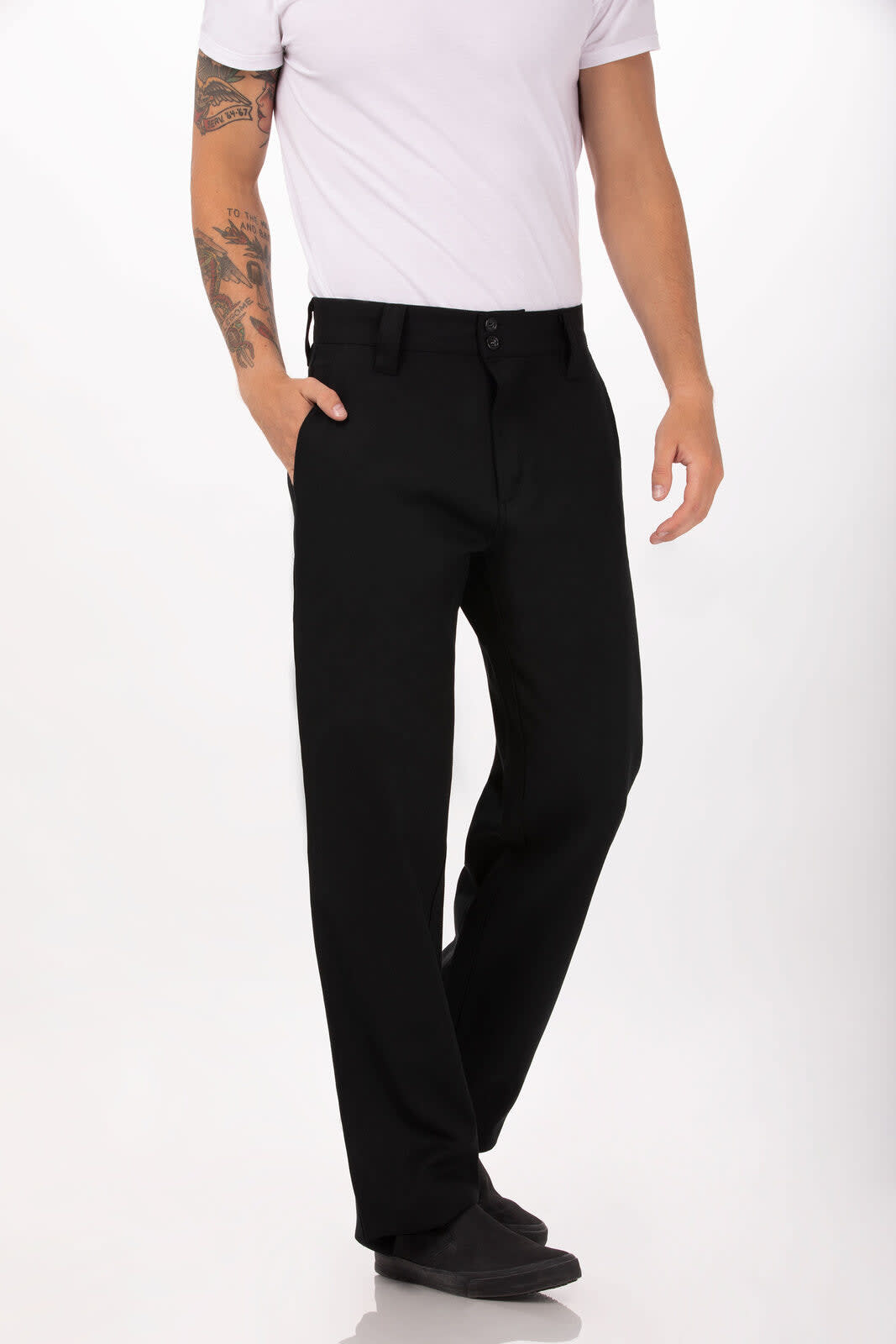 Black chef pants worn by a model, featuring a sleek design and a logo on the waistband.