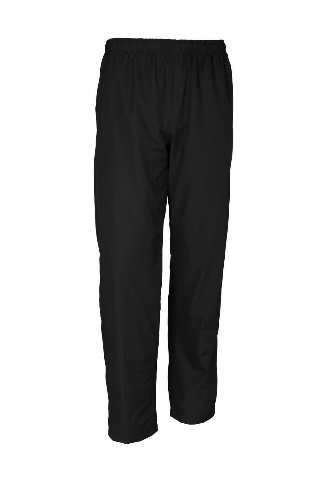 Black Sport-Tek Wind Pant with an elastic waistband, featuring a logo and a loose fit design.