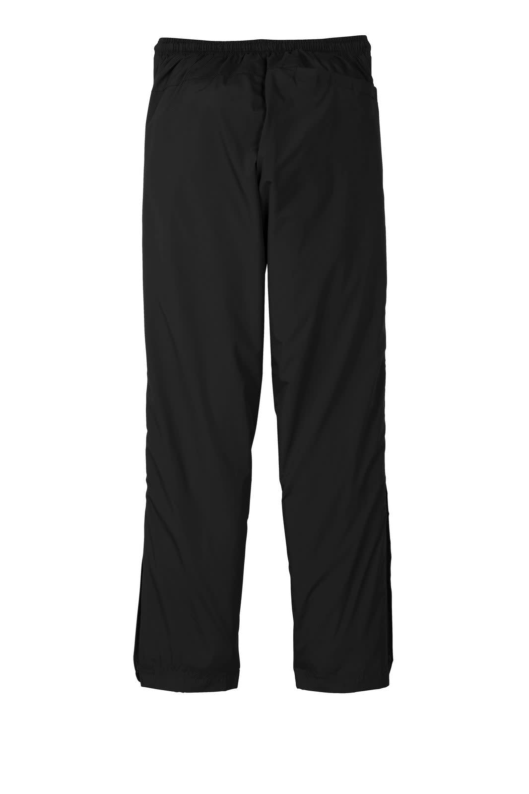 A pair of black track pants with an elastic waistband, featuring a logo. Suitable for athletic wear.