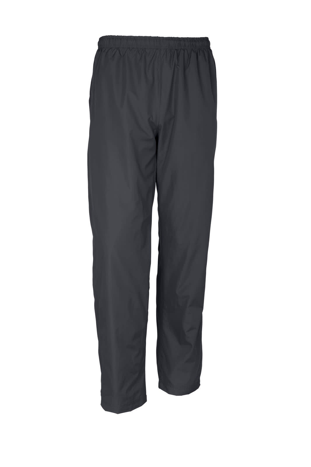 A pair of black track pants with an elastic waistband and a small logo.