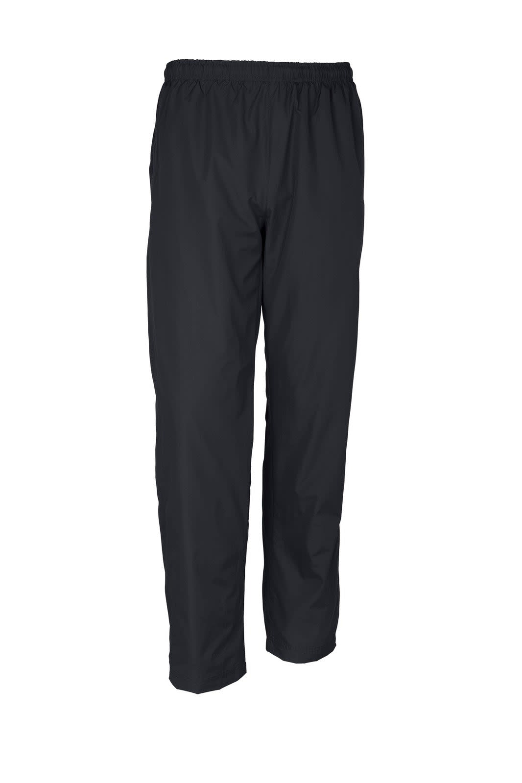 A pair of black wind pants featuring an elastic waistband and a logo. Ideal for sports and casual wear.