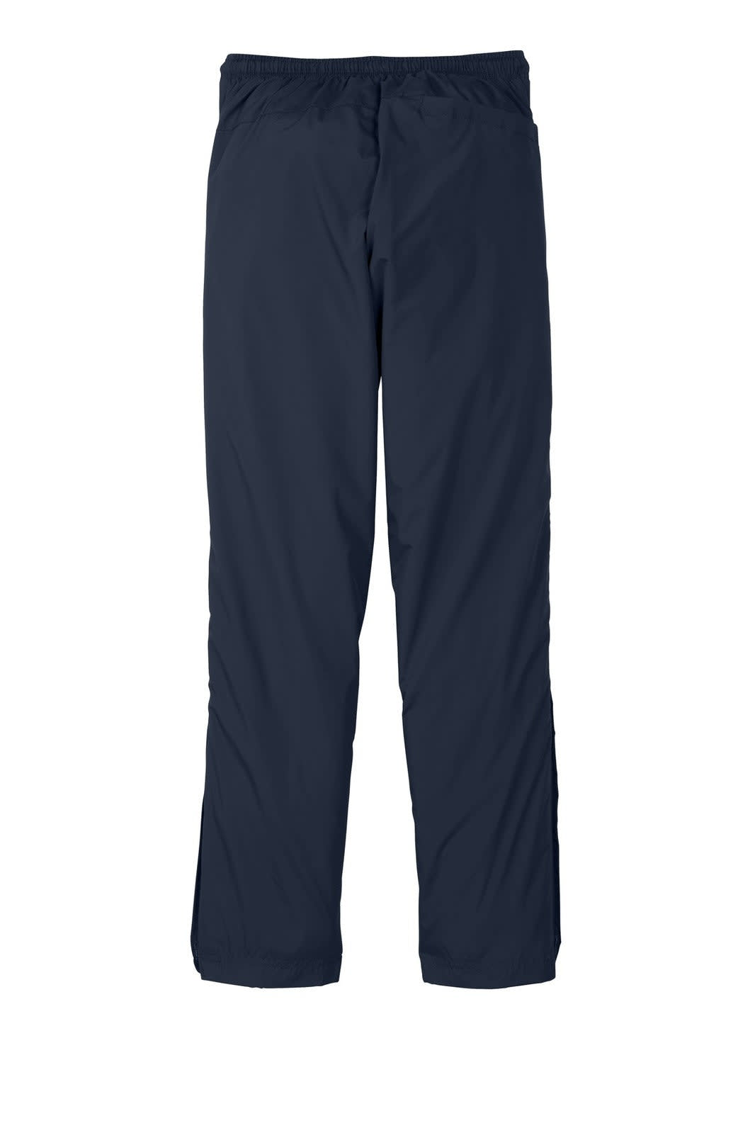 Navy track pants featuring an elastic waistband and a branded logo. Suitable for casual wear or athletic activities.