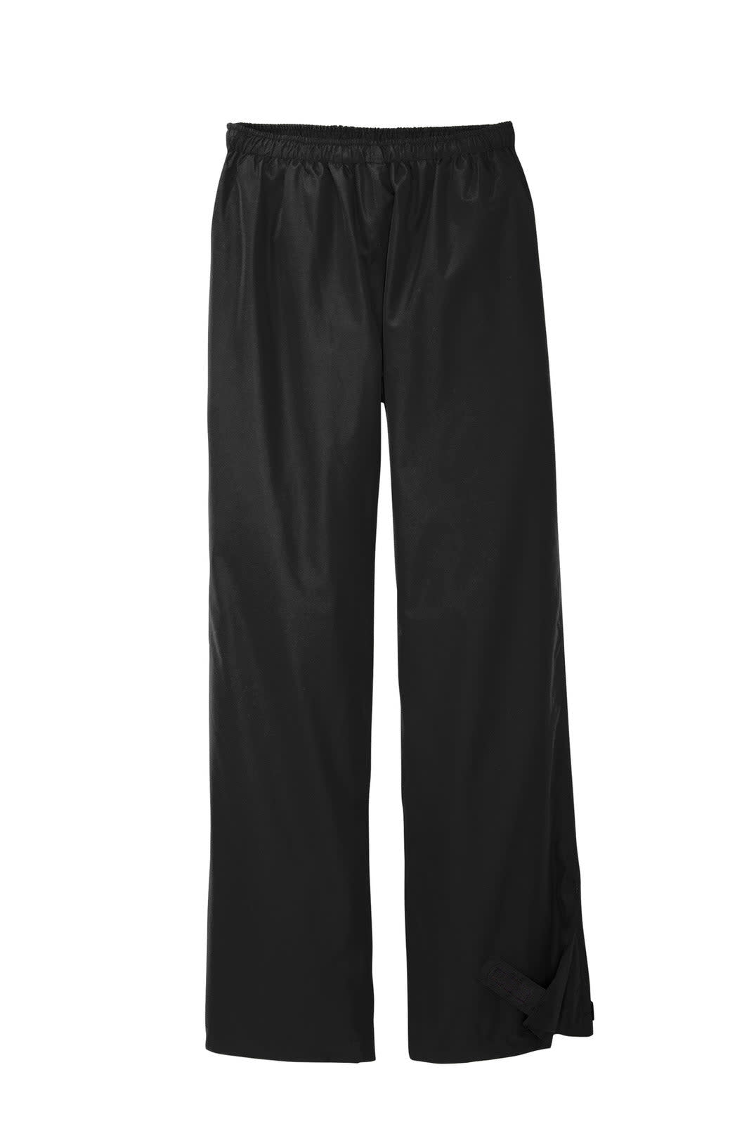 A pair of black waterproof pants with an elastic waistband and side openings, featuring a logo.