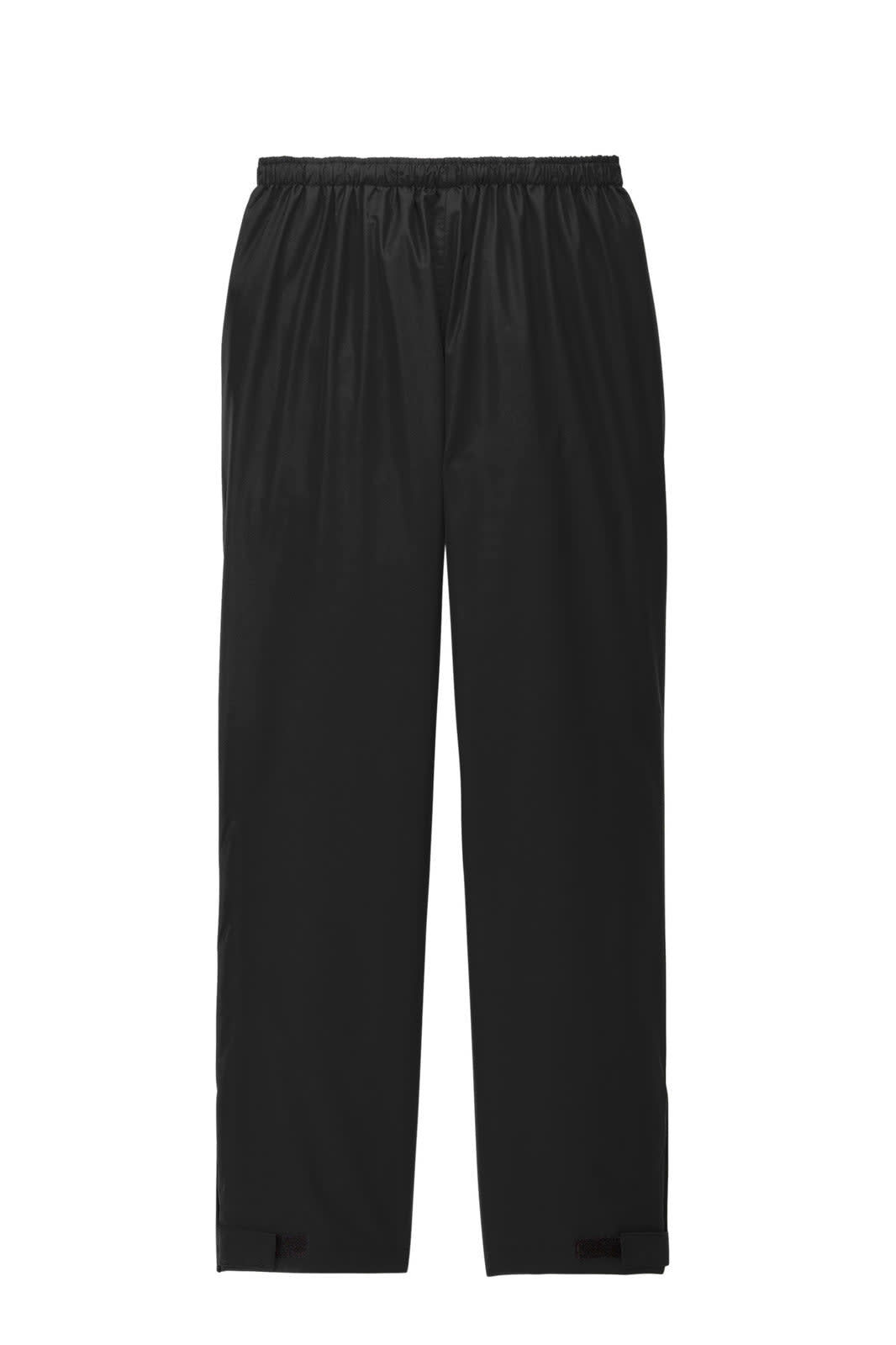 A pair of black waterproof pants featuring an elastic waistband and a logo. Suitable for various outdoor activities.