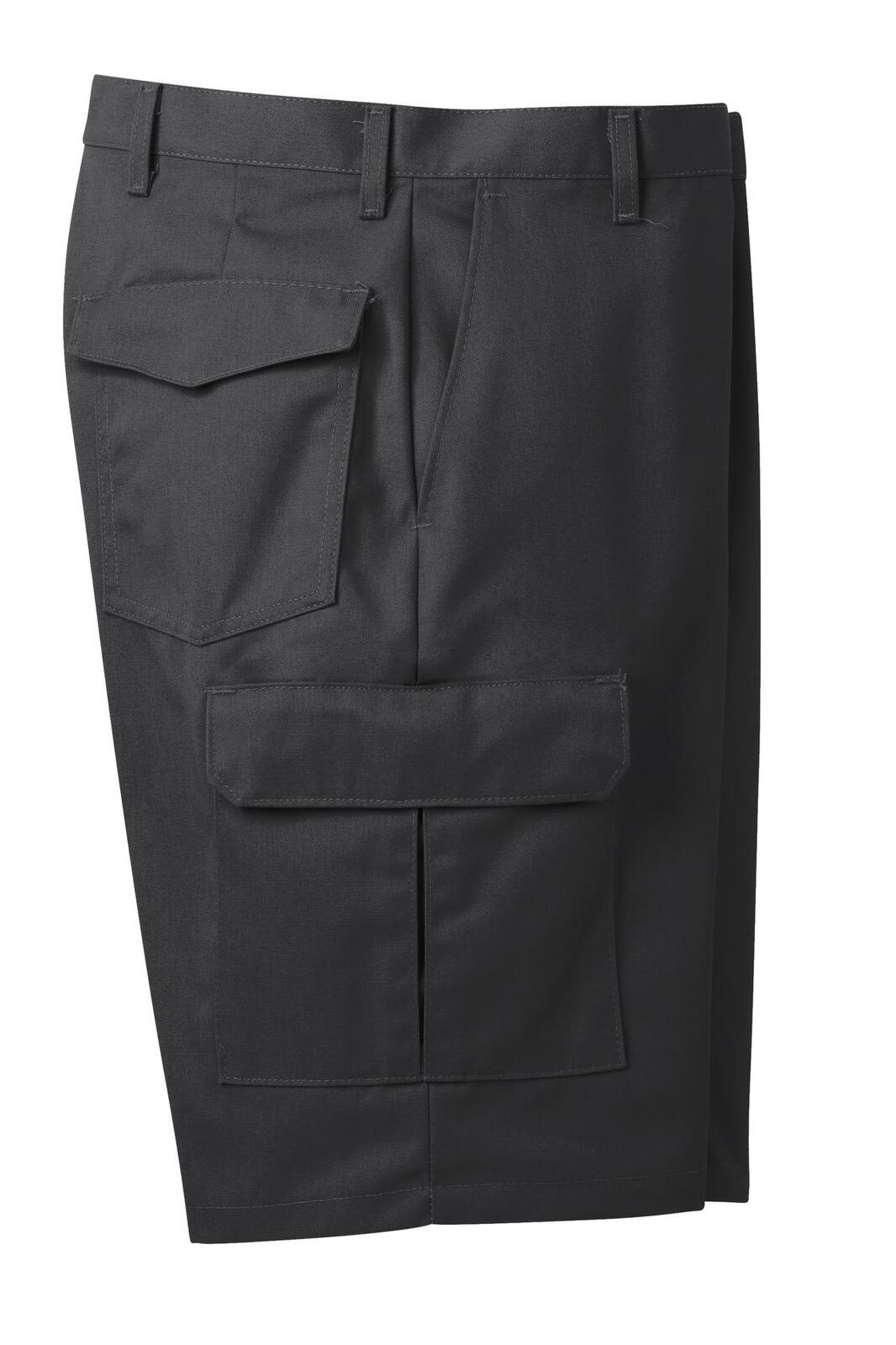 A pair of grey industrial cargo shorts featuring multiple pockets and a logo. Suitable for workwear.