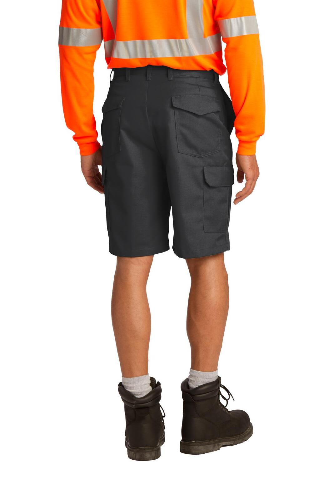 A pair of grey cargo shorts with side pockets, worn with a high-visibility orange shirt and boots.