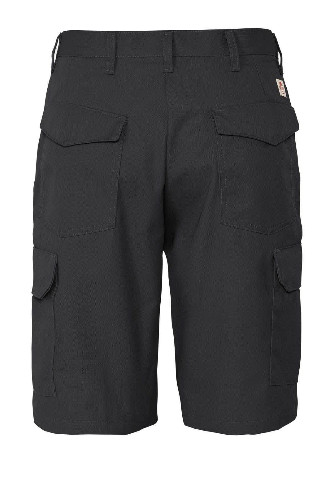 A pair of black cargo shorts featuring multiple pockets and a branding logo. Suitable for workwear and practical utility.