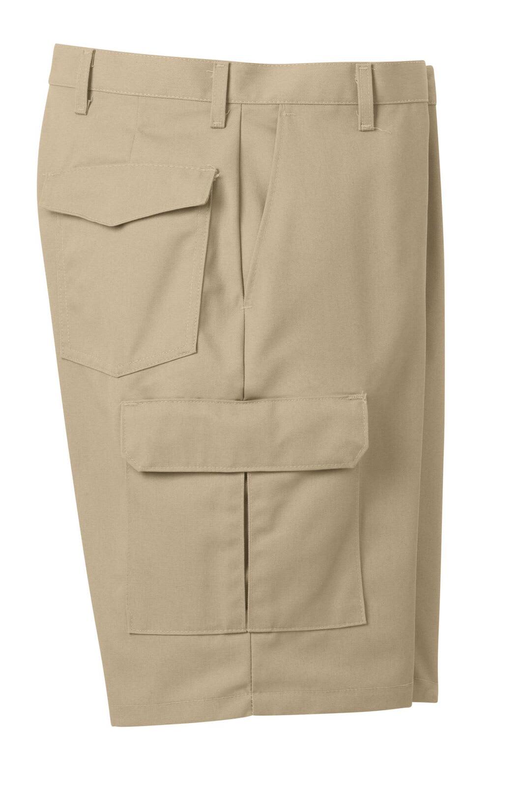 A pair of khaki cargo shorts featuring multiple pockets and a logo. Ideal for industrial workwear.