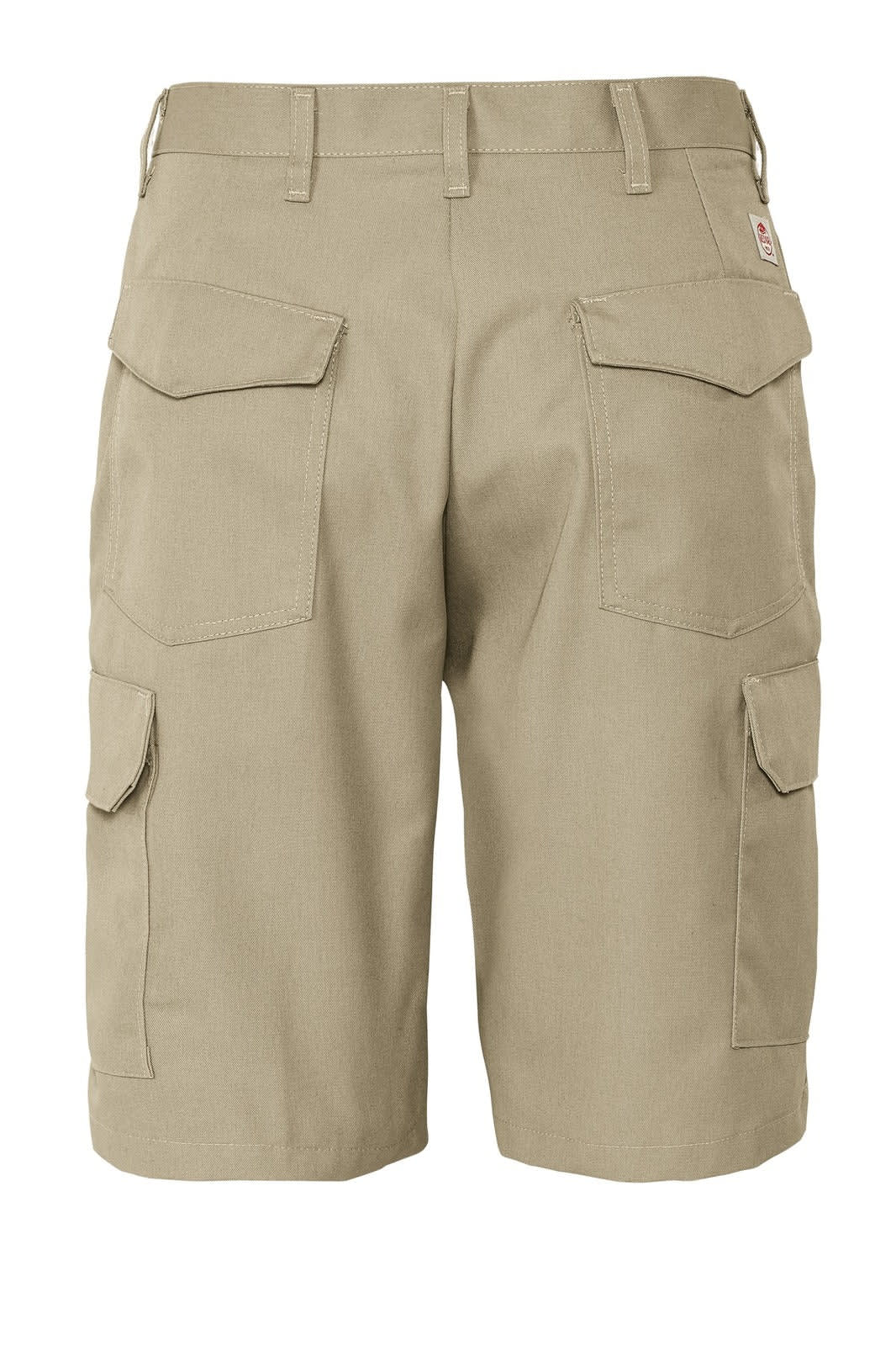 A pair of khaki cargo shorts featuring multiple pockets and a logo on the waistband.