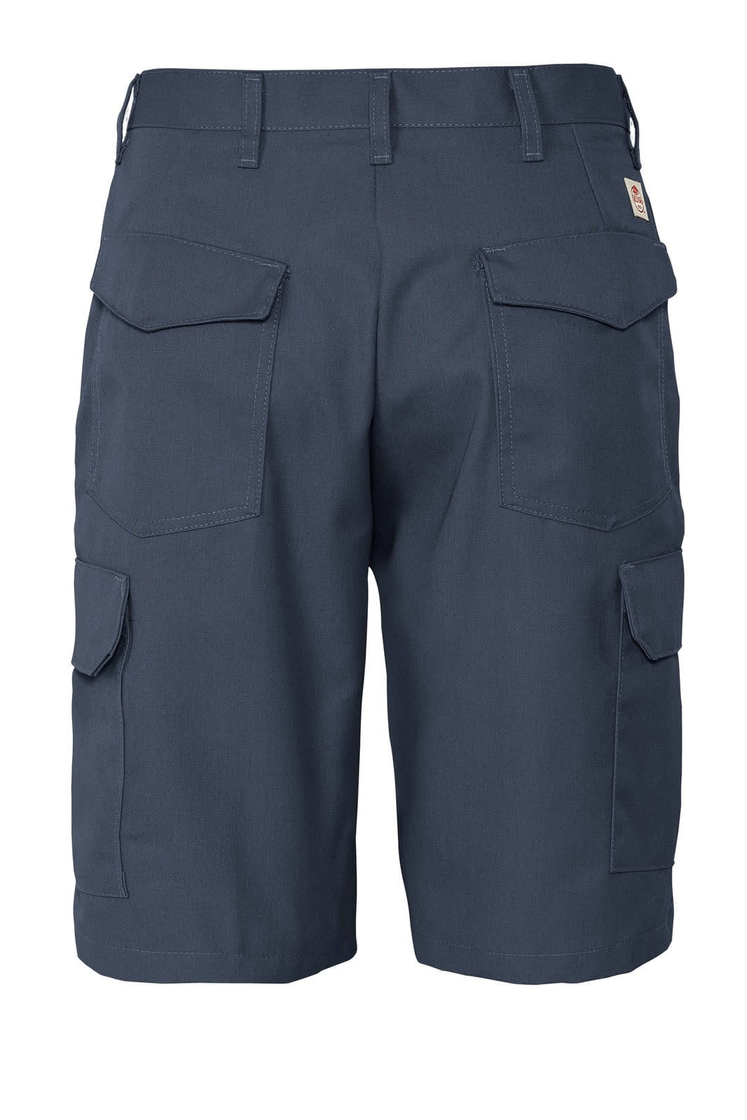 A pair of navy cargo shorts featuring multiple pockets and a logo on the back.