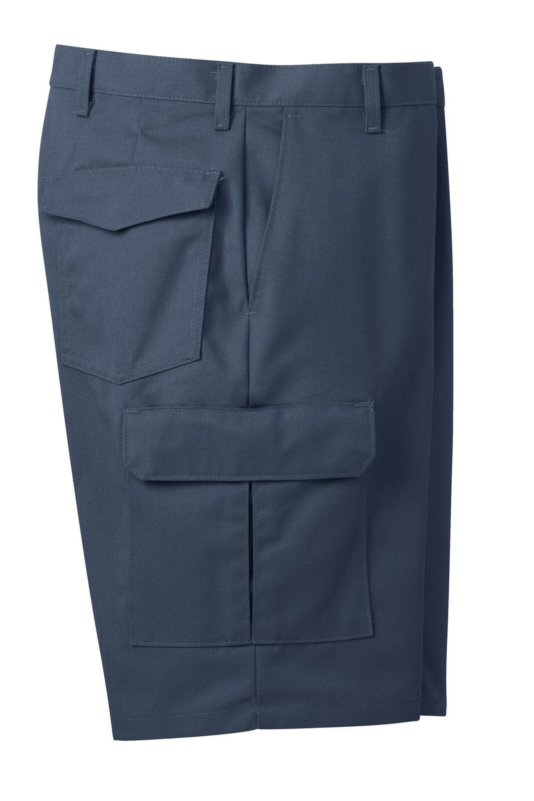 A pair of navy blue cargo shorts featuring multiple pockets and a branding logo. Suitable for workwear.