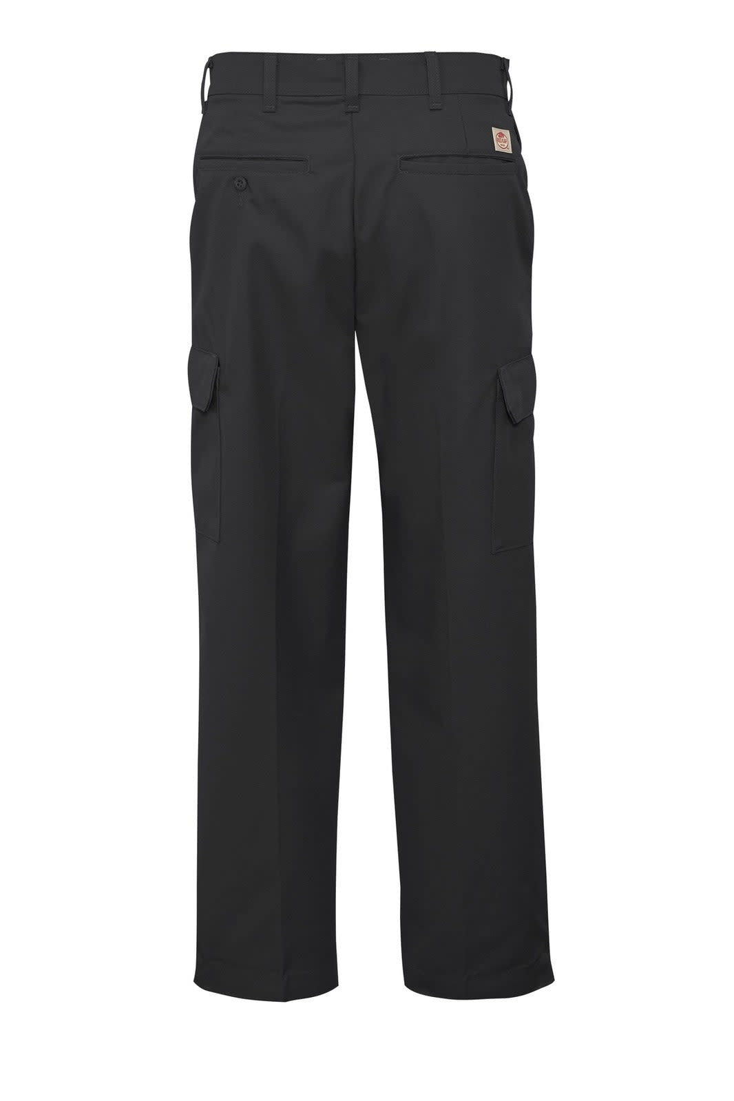 Black cargo pants with pockets, featuring a logo on the back. Suitable for industrial workwear.