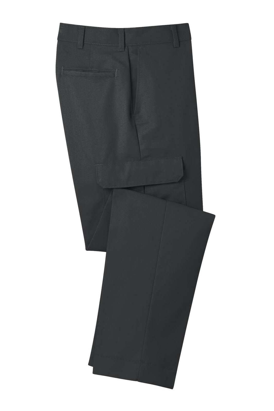 A pair of grey work pants with a straight cut and back pockets, featuring a branding logo.