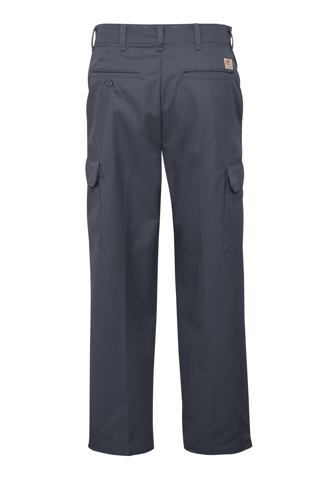 A pair of dark grey cargo pants with side pockets and a logo tag on the waistband.