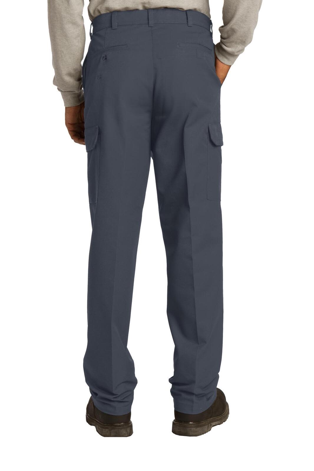 Industrial cargo pants in navy blue with cargo pockets, shown from the back. Features a logo.
