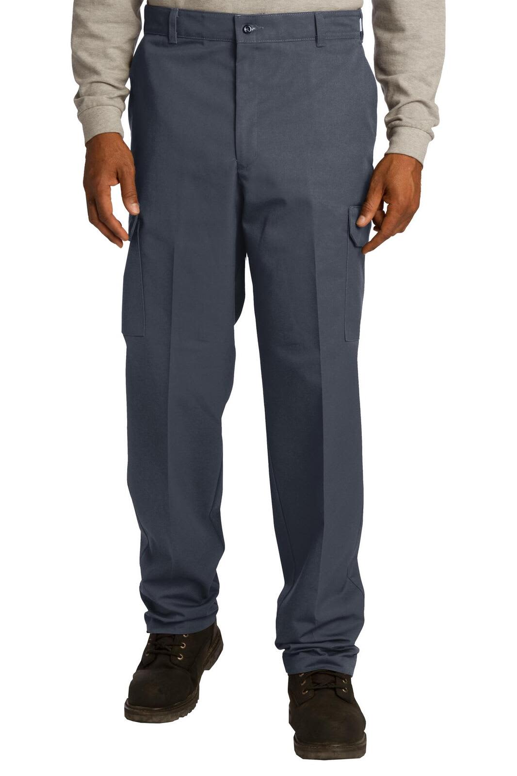 Navy blue industrial cargo pants with a straight leg fit, featuring pockets and a logo.