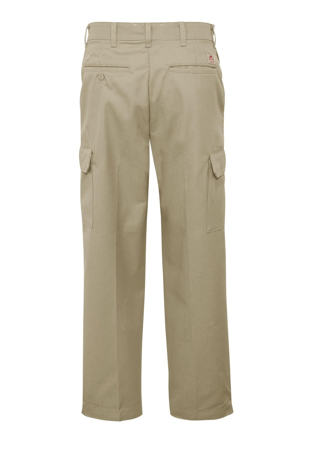 Beige cargo pants with side pockets and a logo on the back. Designed for industrial workwear.