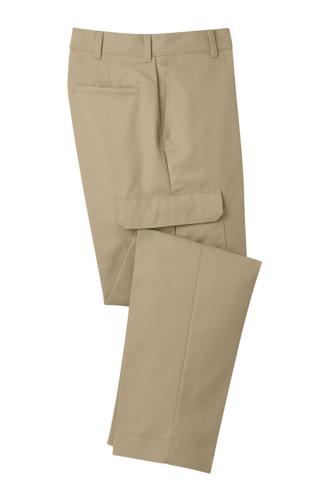 Beige cargo pants with multiple pockets and a folded leg section, featuring a logo.