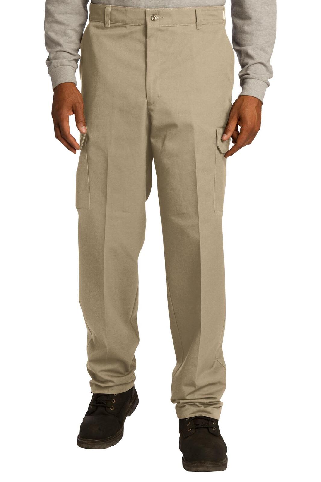 Khaki cargo pants with multiple pockets, styled for workwear, featuring a man standing in a casual pose.