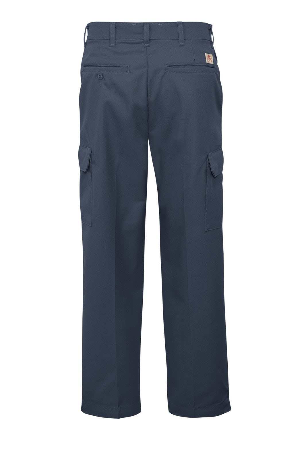 Navy blue industrial cargo pants featuring multiple pockets and a logo on the waistband.