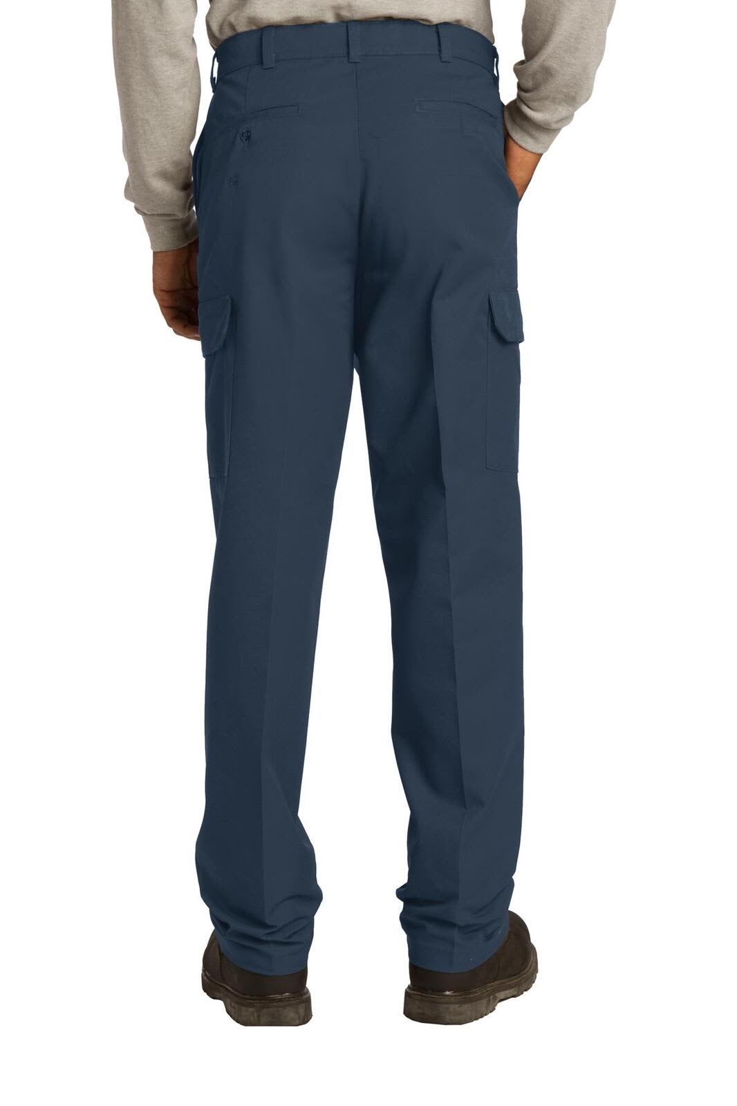 A pair of dark blue industrial cargo pants with multiple pockets, viewed from the back.