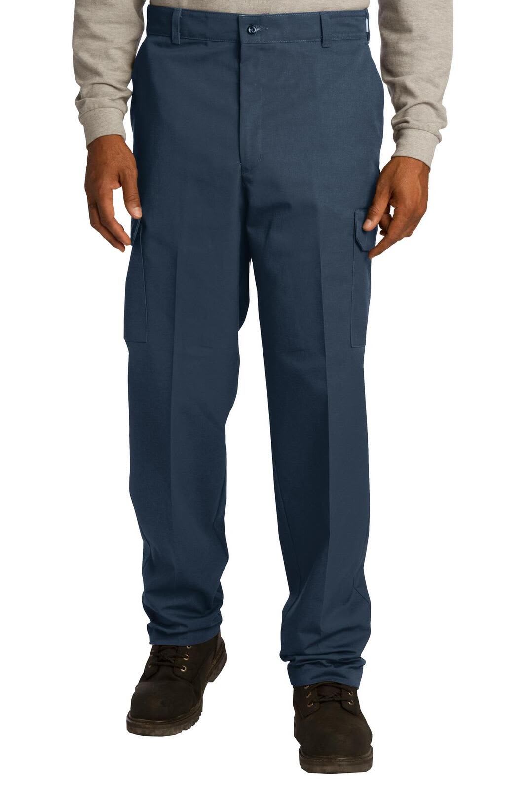 Navy blue cargo pants with side pockets, worn by a person in a grey long-sleeve shirt and black shoes.
