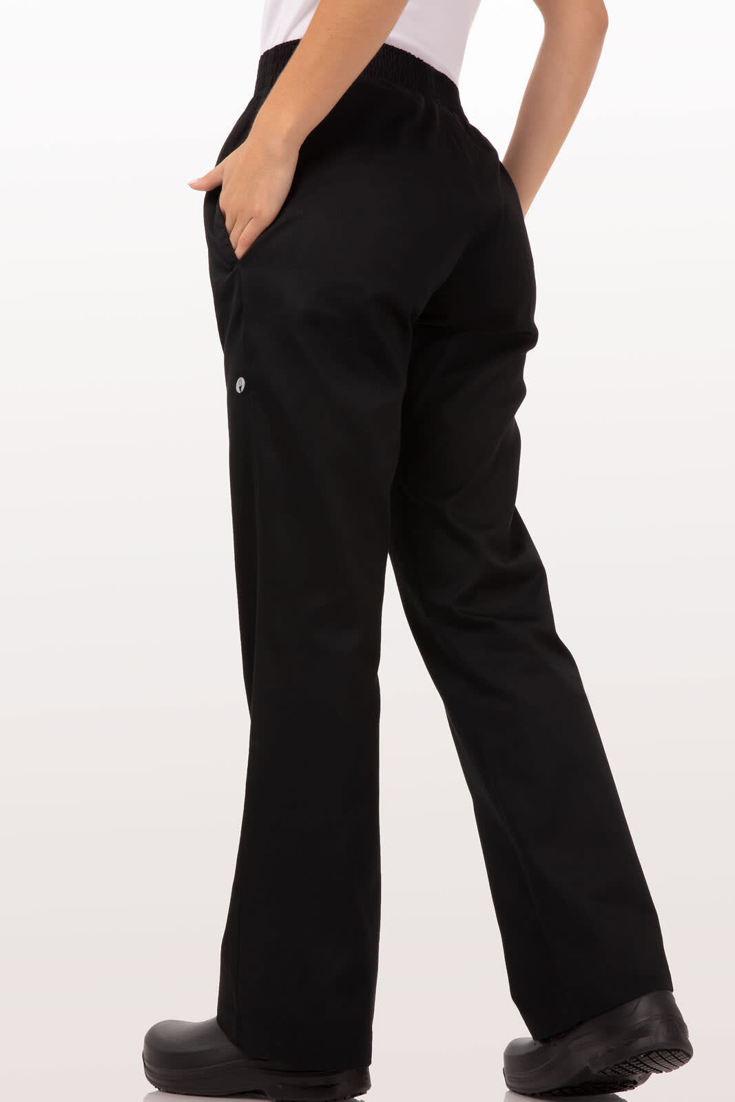 Black women's chef pants featuring an elastic waistband and a single pocket at the back. It has a logo.