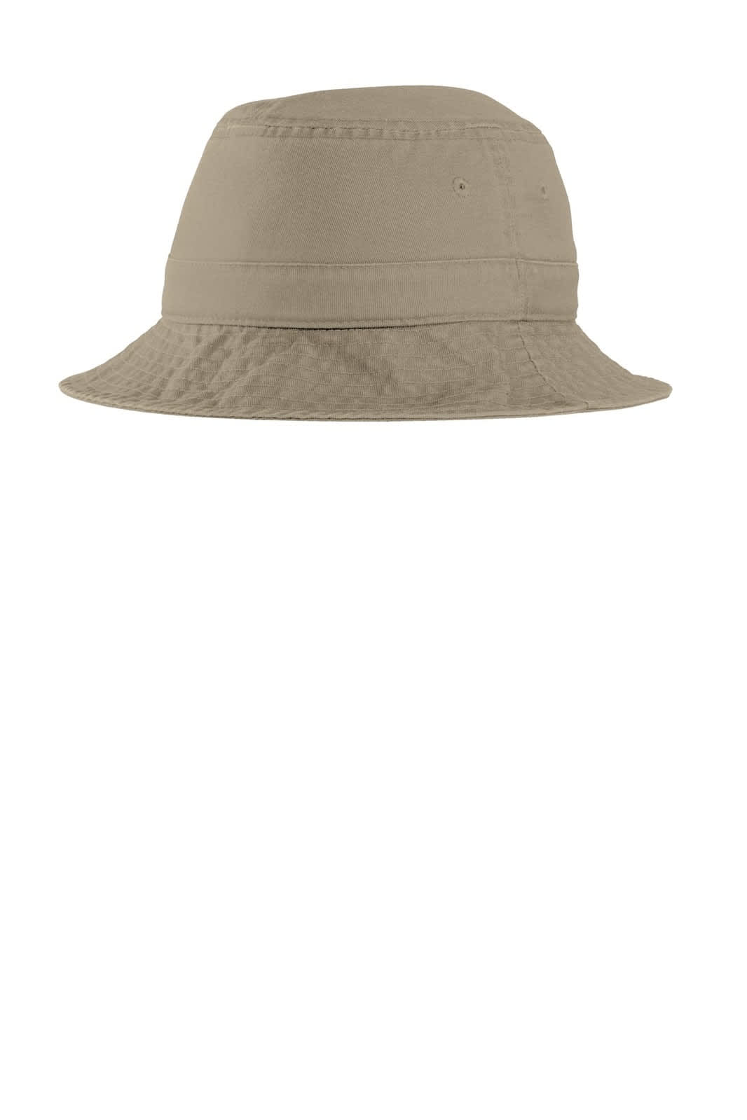A beige bucket hat with a wide brim, featuring stitching details and two ventilation holes. It has a logo on it.