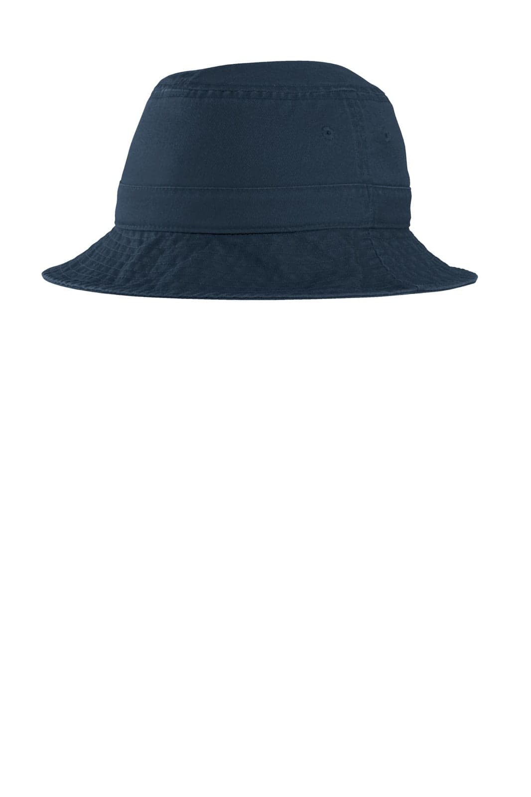 A navy bucket hat with a wide brim and an interior band, featuring a logo on the side.