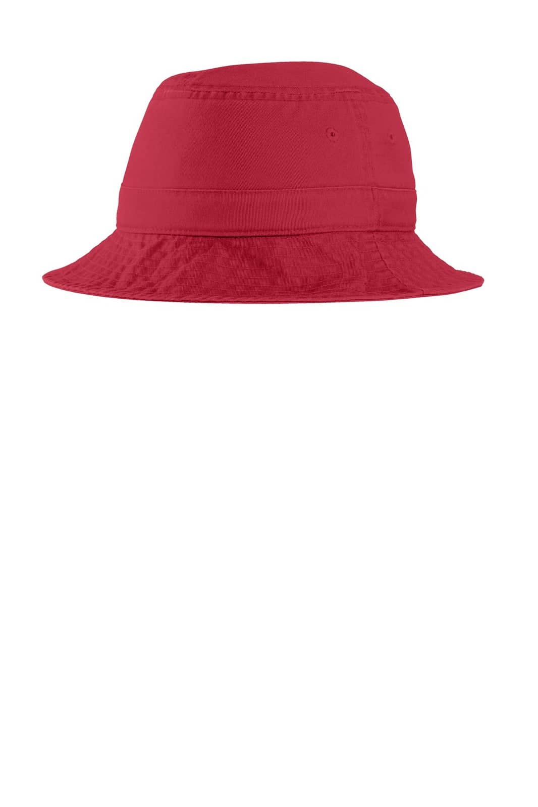 A red Port Authority bucket hat with a wide brim and a simple design, featuring a logo.