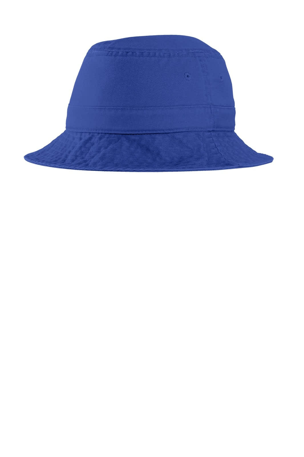 A blue Port Authority bucket hat with a wide brim and a simple design. It features a logo on the side.