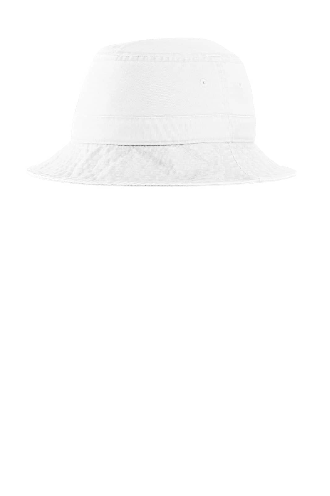 A white bucket hat with a wide brim, made from fabric, featuring a logo on the side.