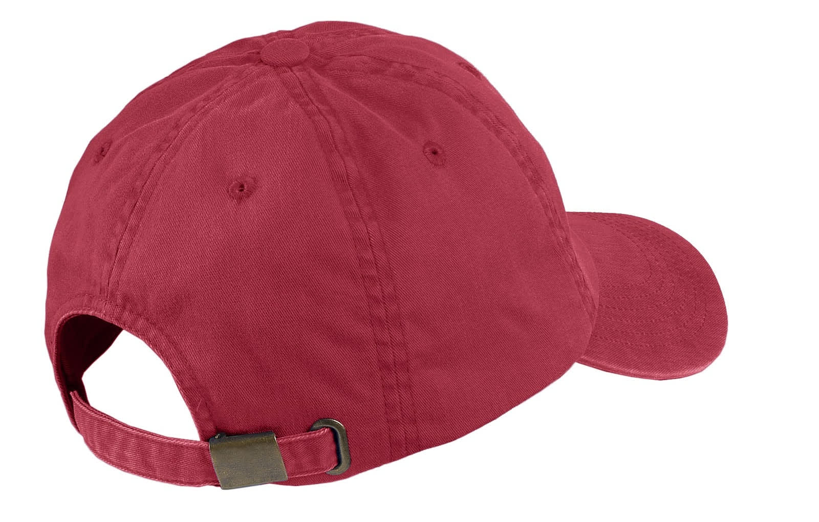 A red garment-washed cap with a buckle closure and a curved brim, featuring a logo on the side.