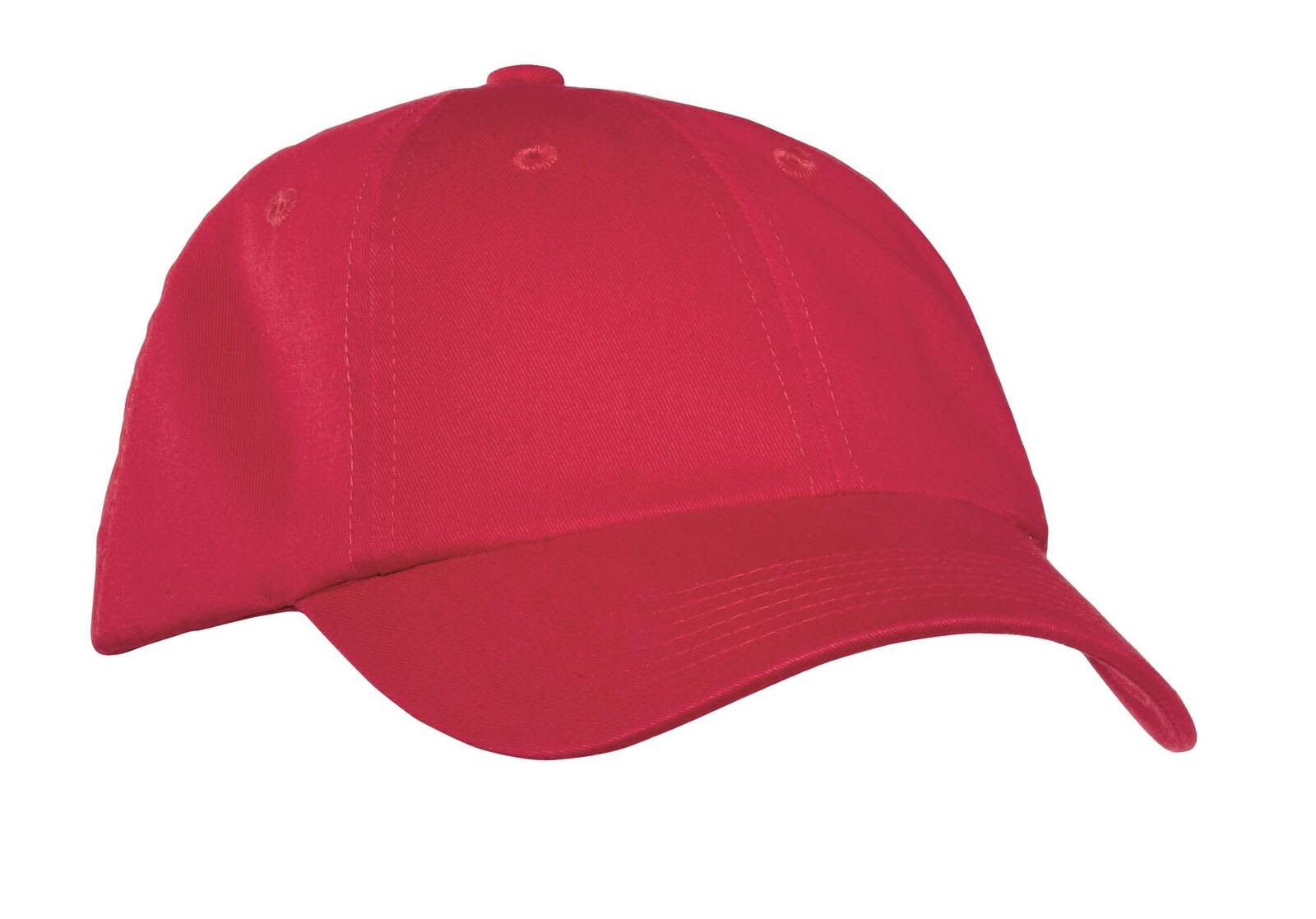 A red Port Authority garment-washed cap with a curved brim and a logo on the side.
