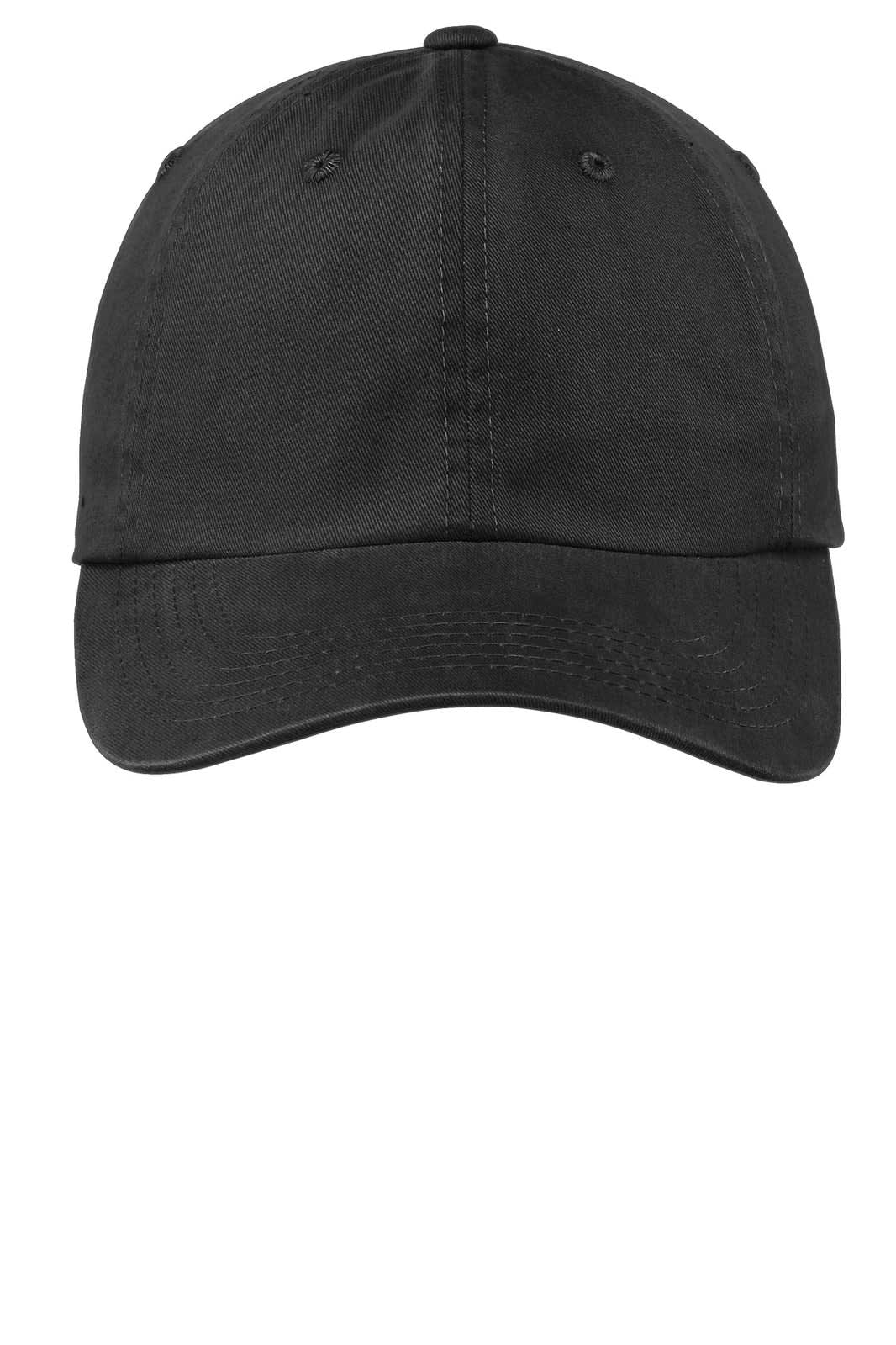 A black garment-washed cap with a curved brim and ventilation holes. Features a logo on the front.