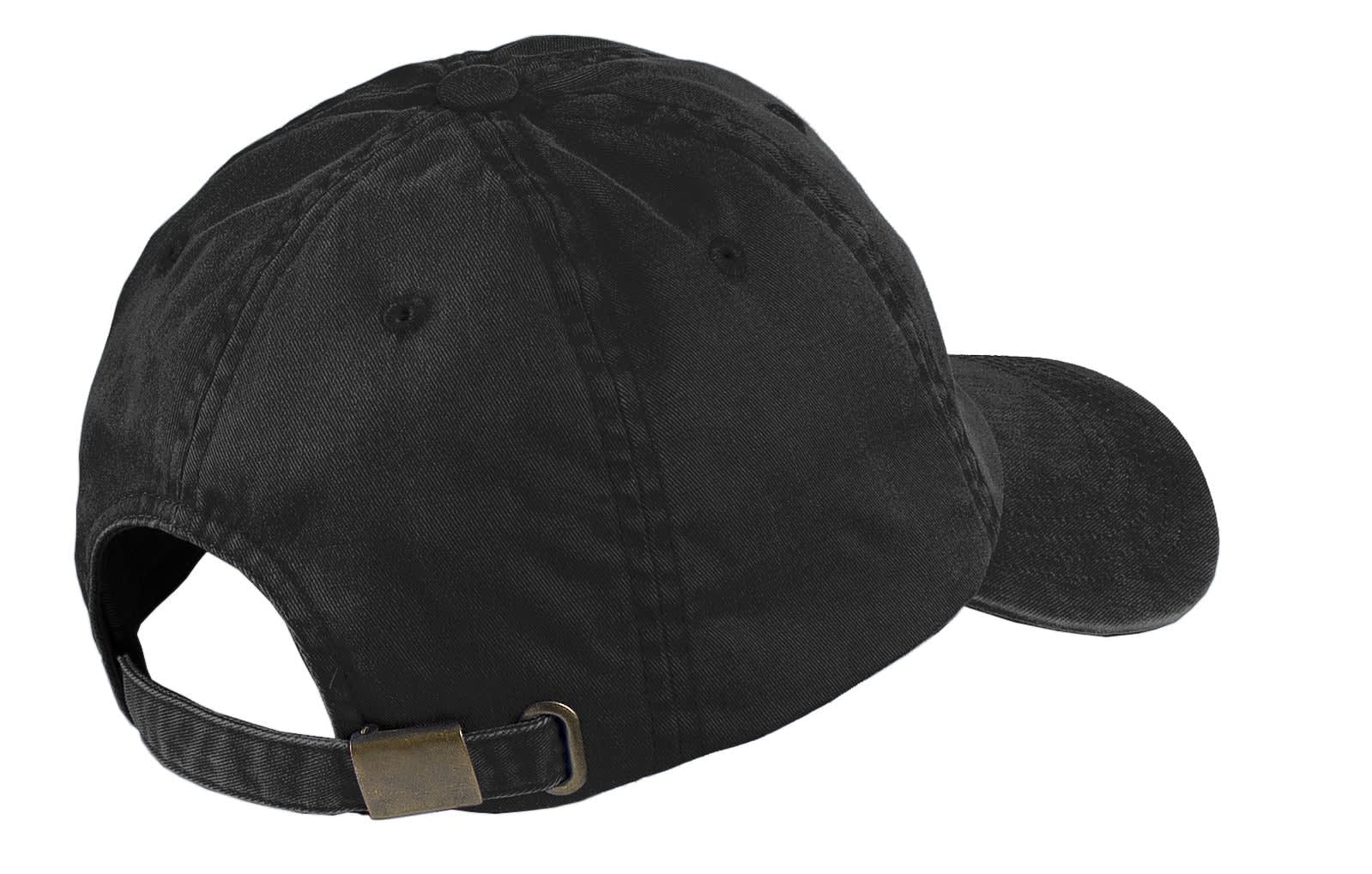 A black garment-washed cap with a curved visor and an adjustable back strap, featuring a brand logo.