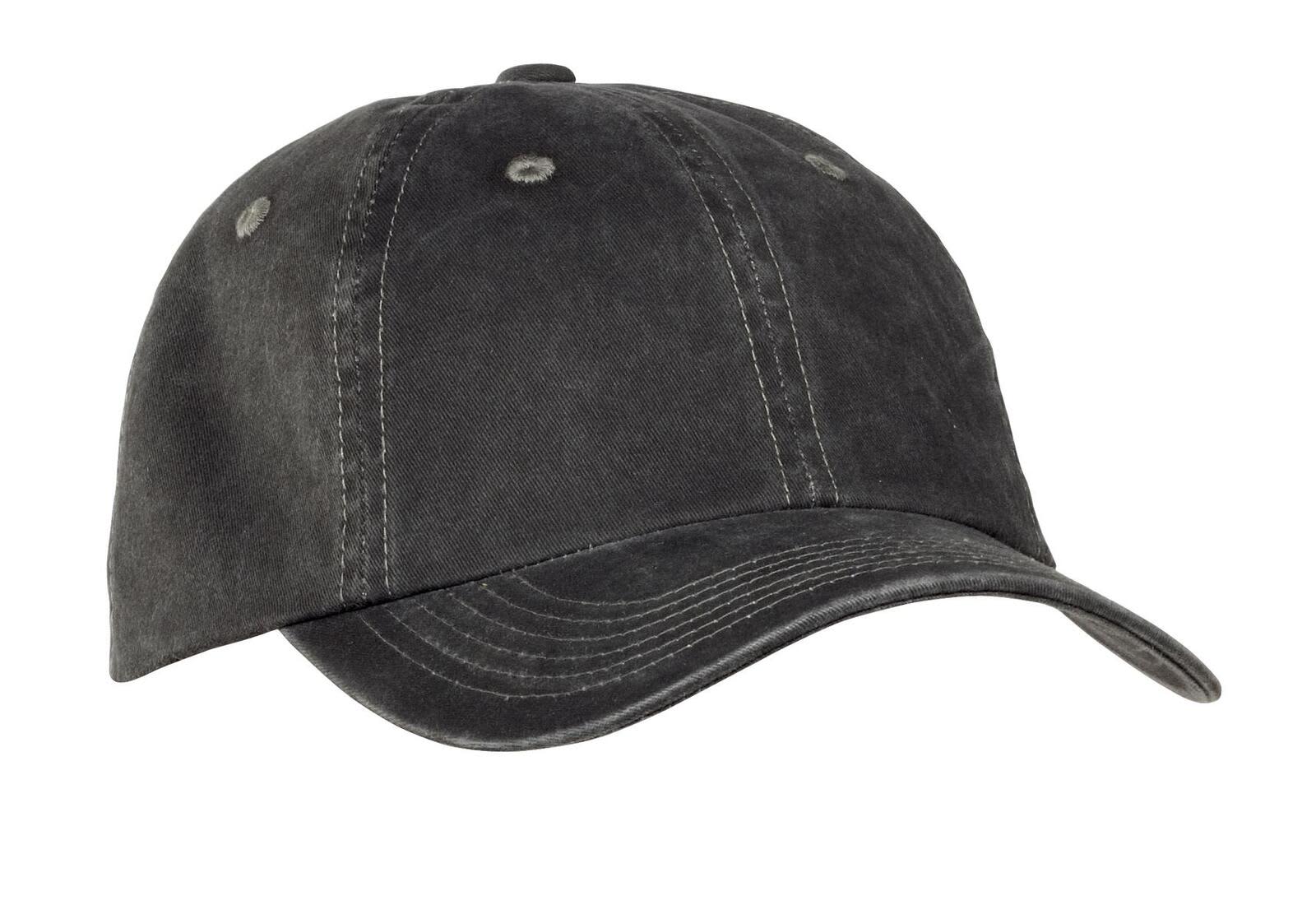 A garment-washed cap in dark grey with a curved brim and subtle stitching details, featuring a logo on the front.