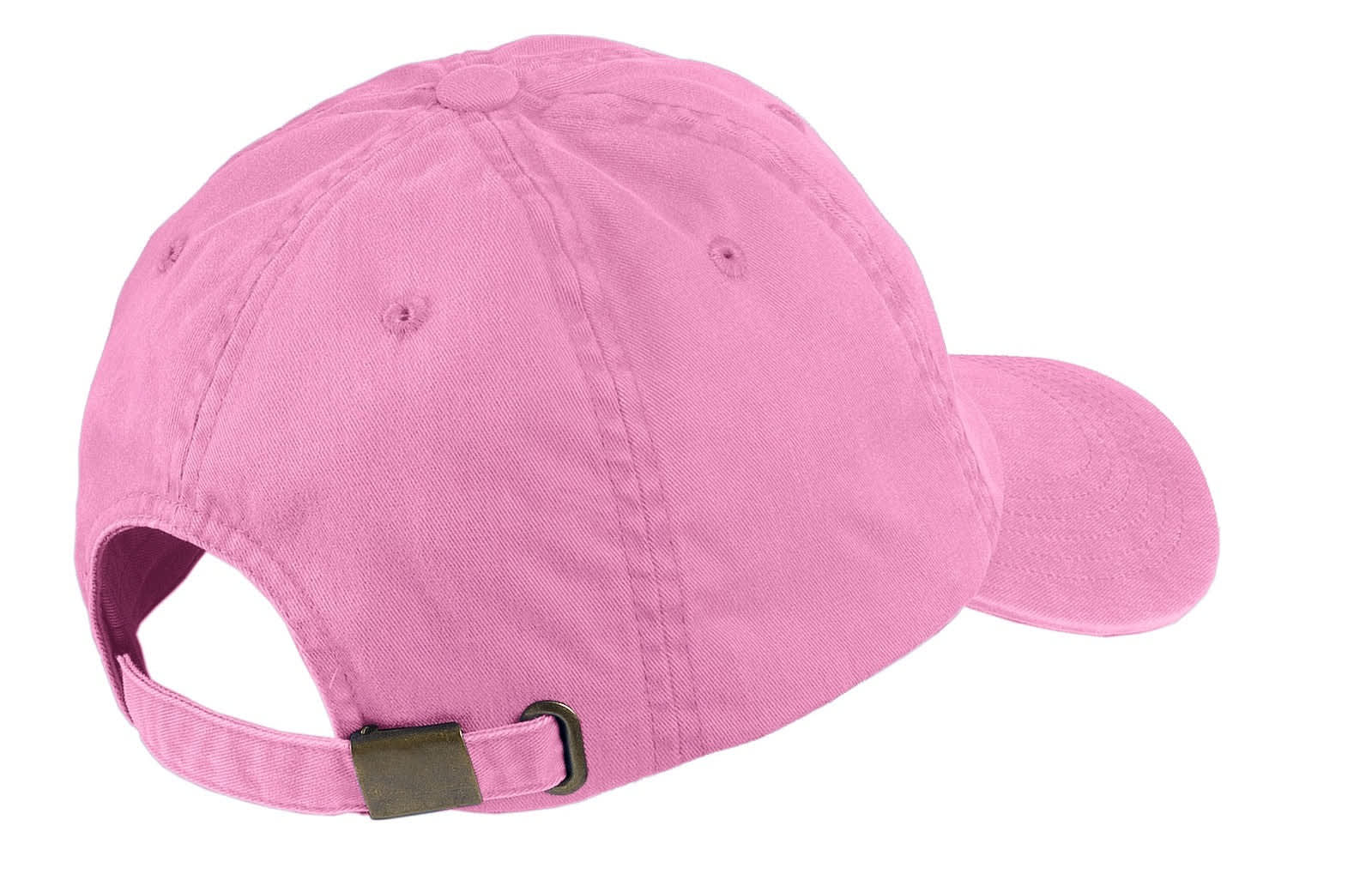A pink garment-washed cap with a back strap and an adjustable buckle, featuring a logo.