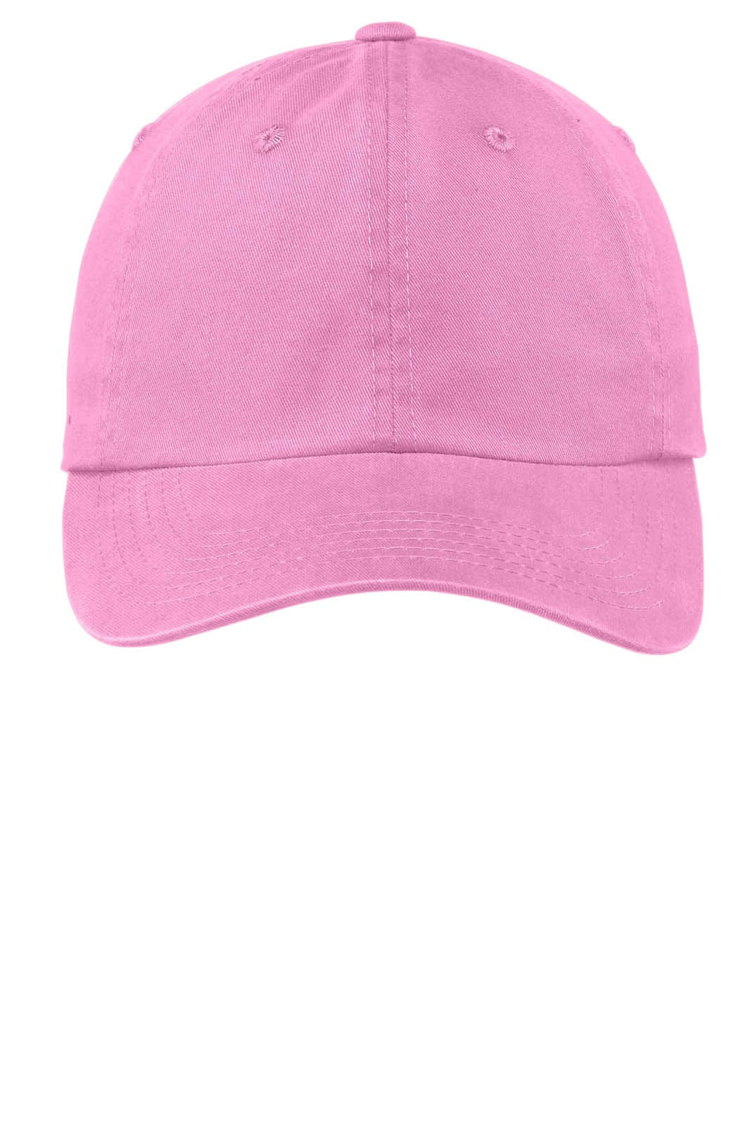 A pink garment-washed cap featuring a curved brim and a logo.