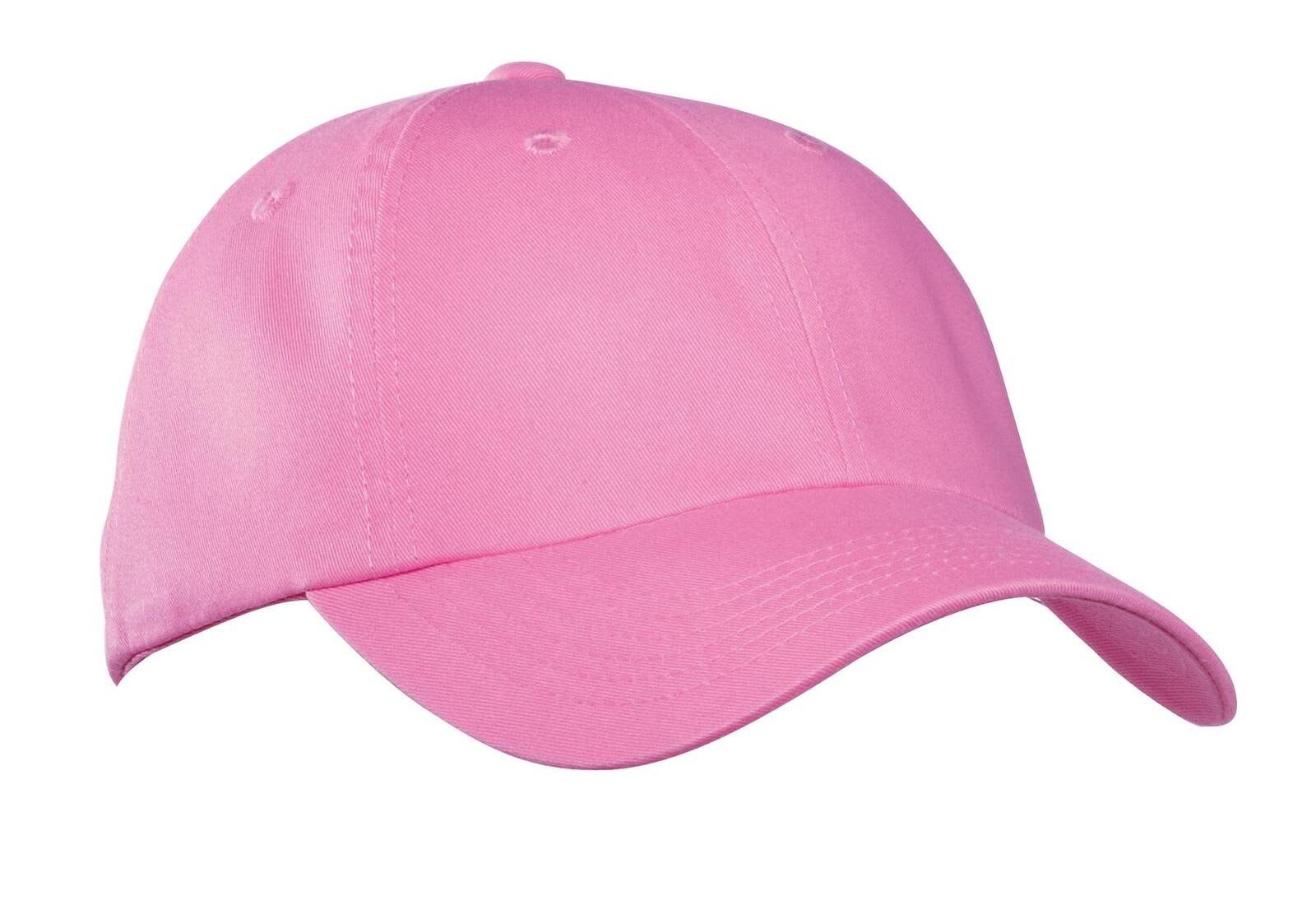 A pink garment-washed cap with a curved peak and a logo on the front.