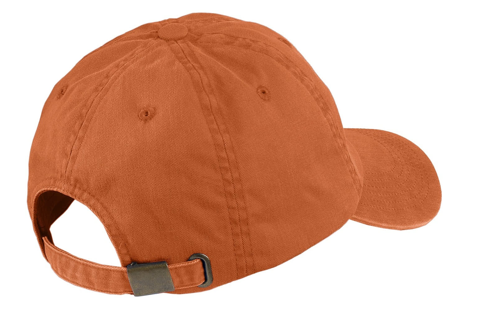 An orange garment-washed cap featuring a back strap for adjustment and a logo.