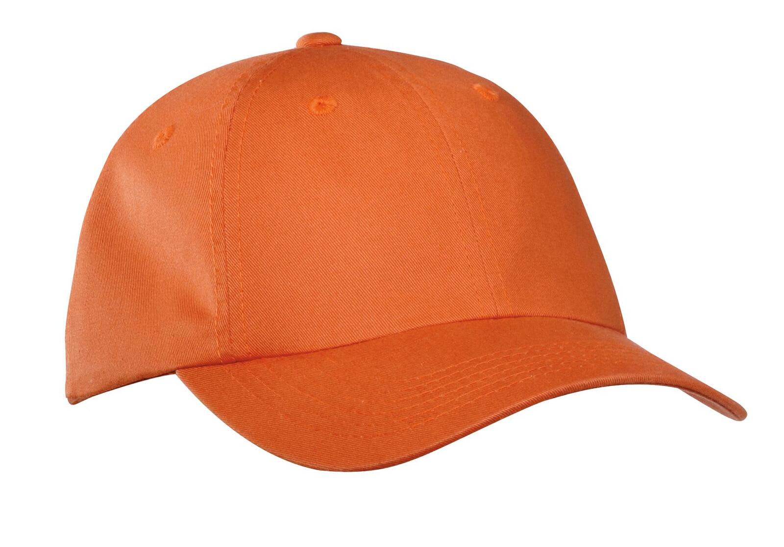 An orange Port Authority garment-washed cap with a curved brim and a logo.