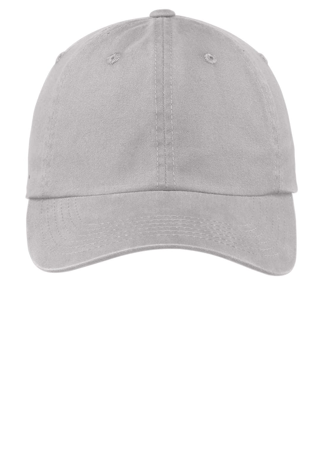 A light grey garment-washed cap with a curved brim and ventilation holes. It features a logo on the front.