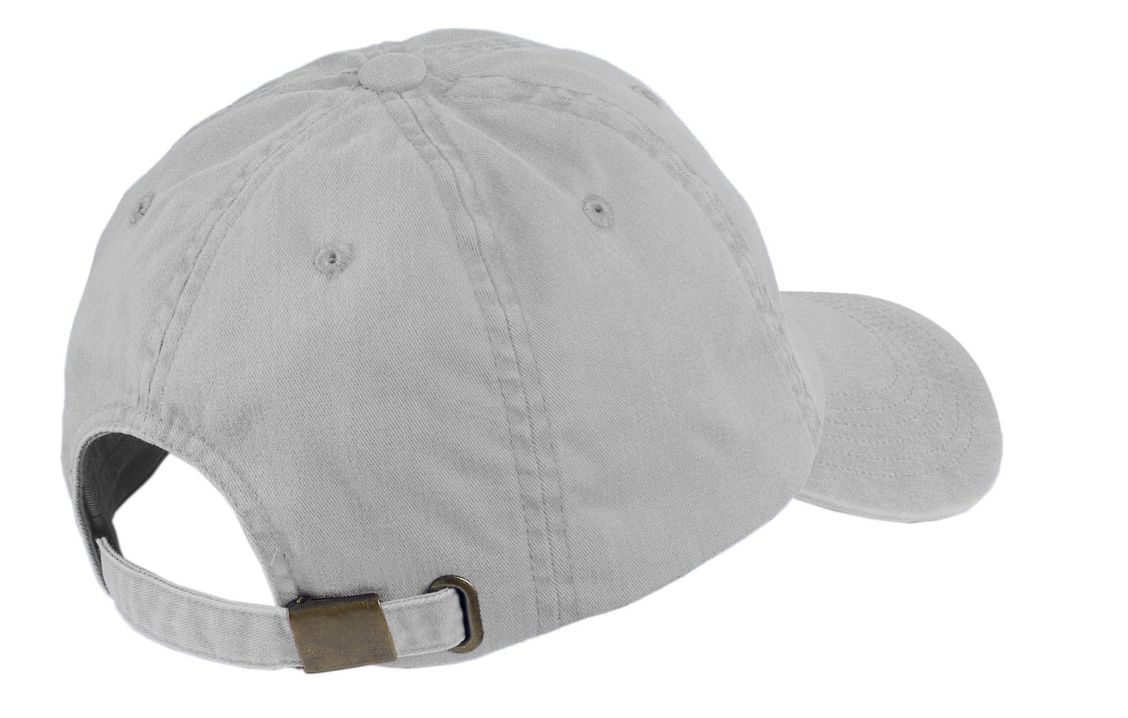 A garment-washed cap in light grey, featuring a logo and an adjustable strap at the back.