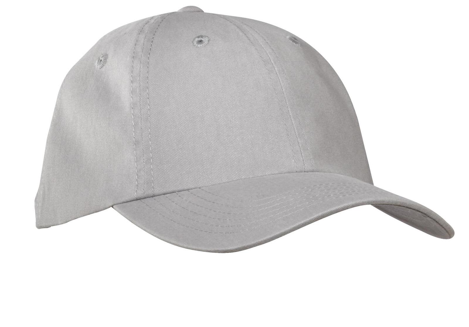 A grey garment-washed cap featuring an adjustable back and a front panel with a logo.