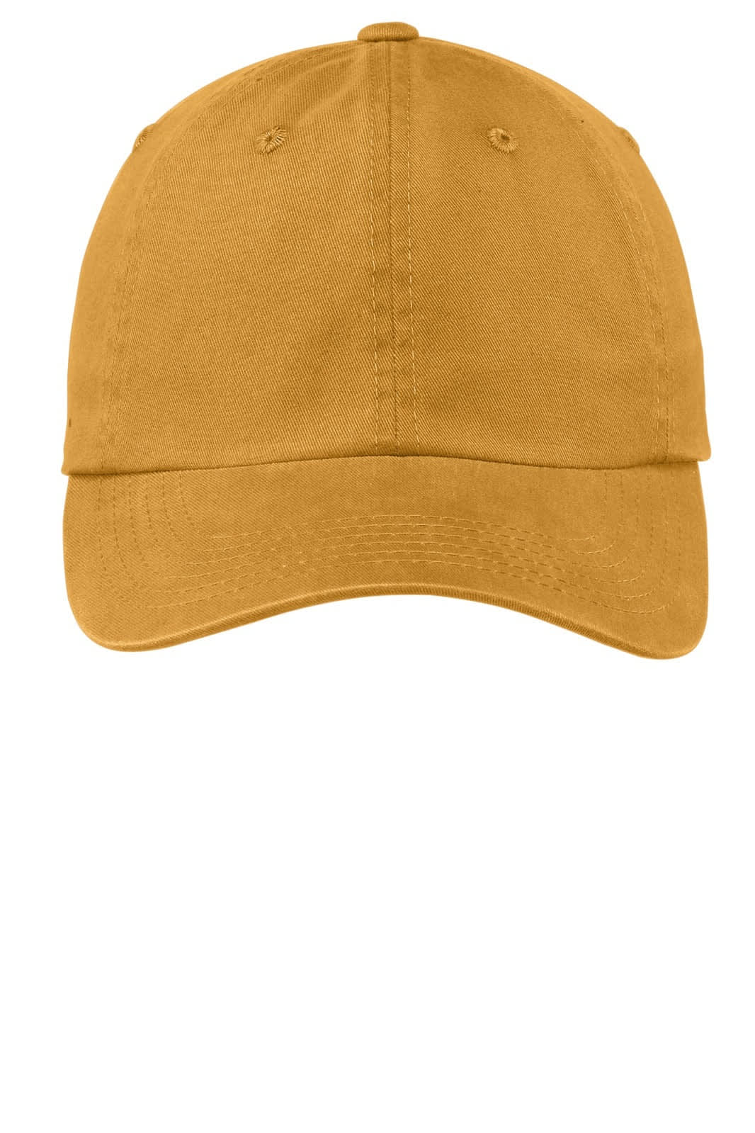 A garment-washed cap in a warm mustard yellow colour with a logo on the front.