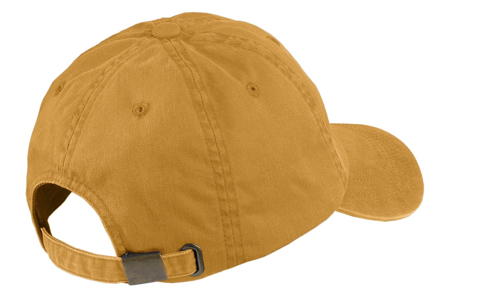 A garment-washed cap in a mustard yellow colour with a curved brim and adjustable strap at the back.