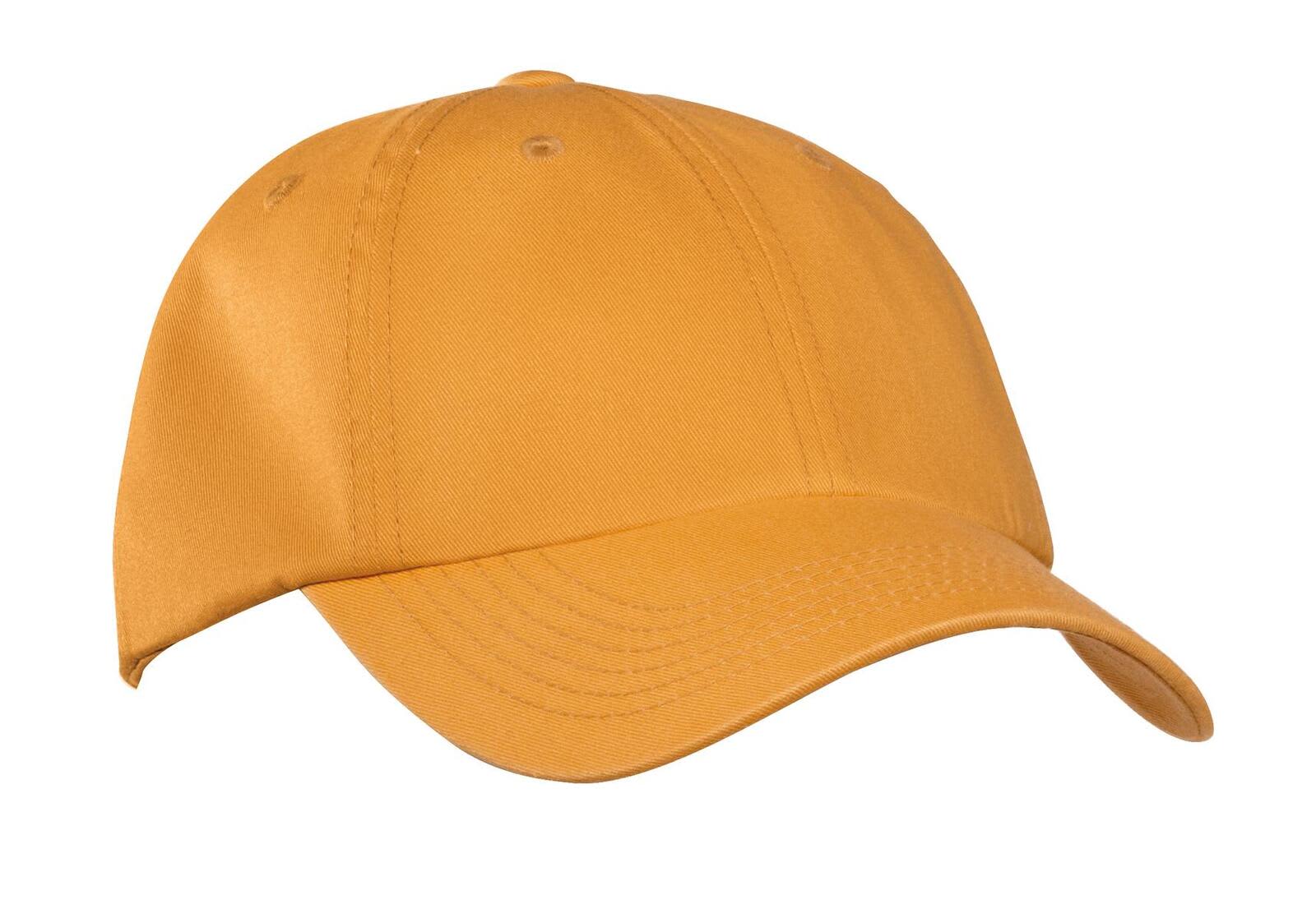 A garment-washed cap in a vibrant golden yellow colour, featuring a curved brim and one logo.