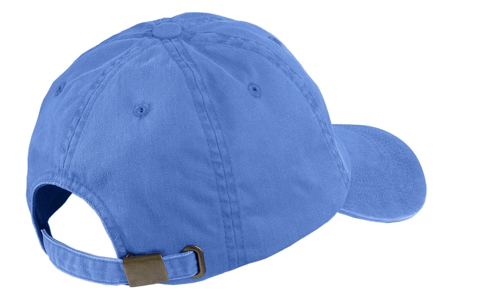 A blue garment-washed cap featuring a rear strap and metal buckle, designed for casual wear.